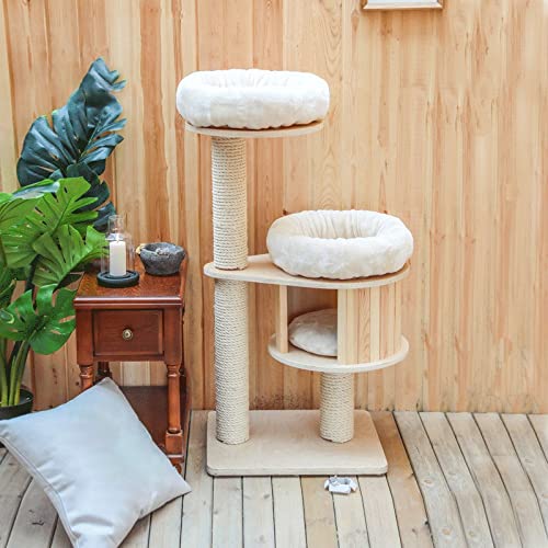 Solid Wood Cat Tree with Sisal Scratching Post & Lounge Bed