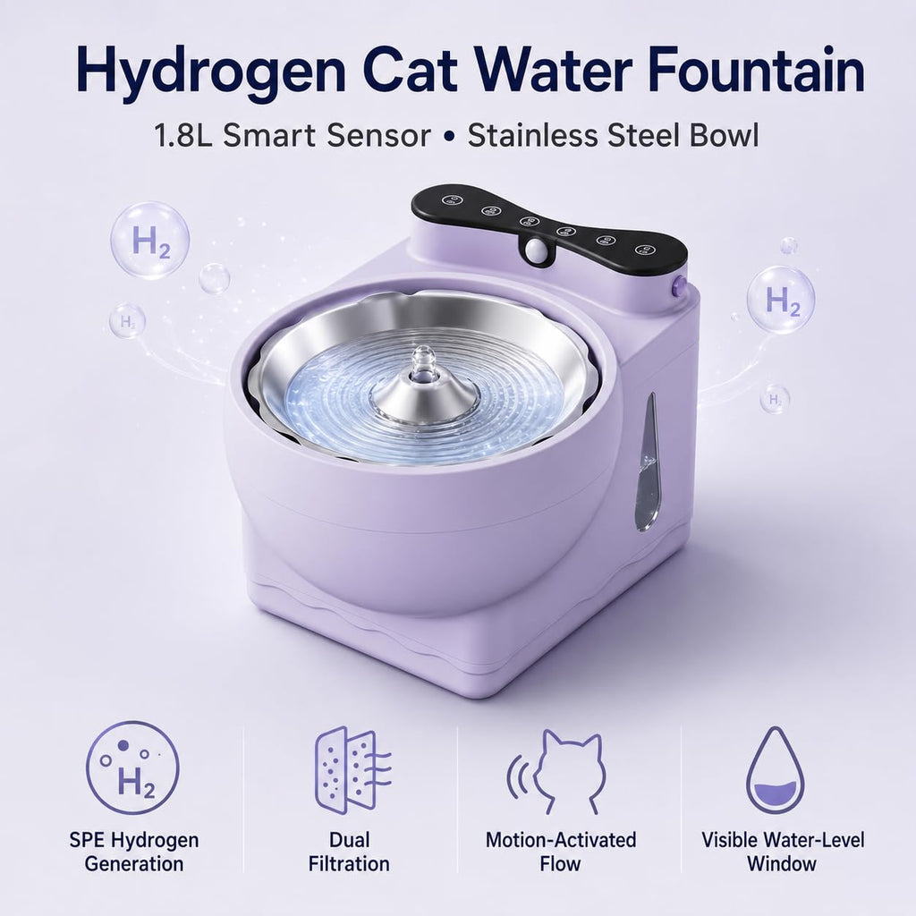Hydrogen Cat Water Fountain, 1.8L Smart Sensor, Stainless Steel Bowl