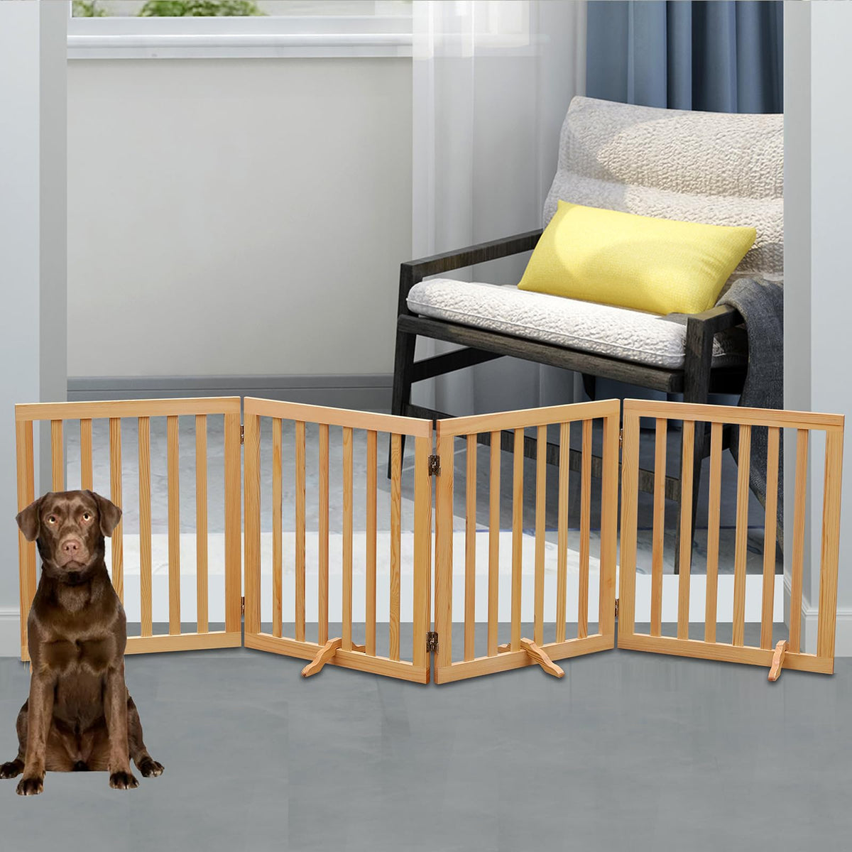 4-Panel Foldable Wooden Freestanding Dog Gate