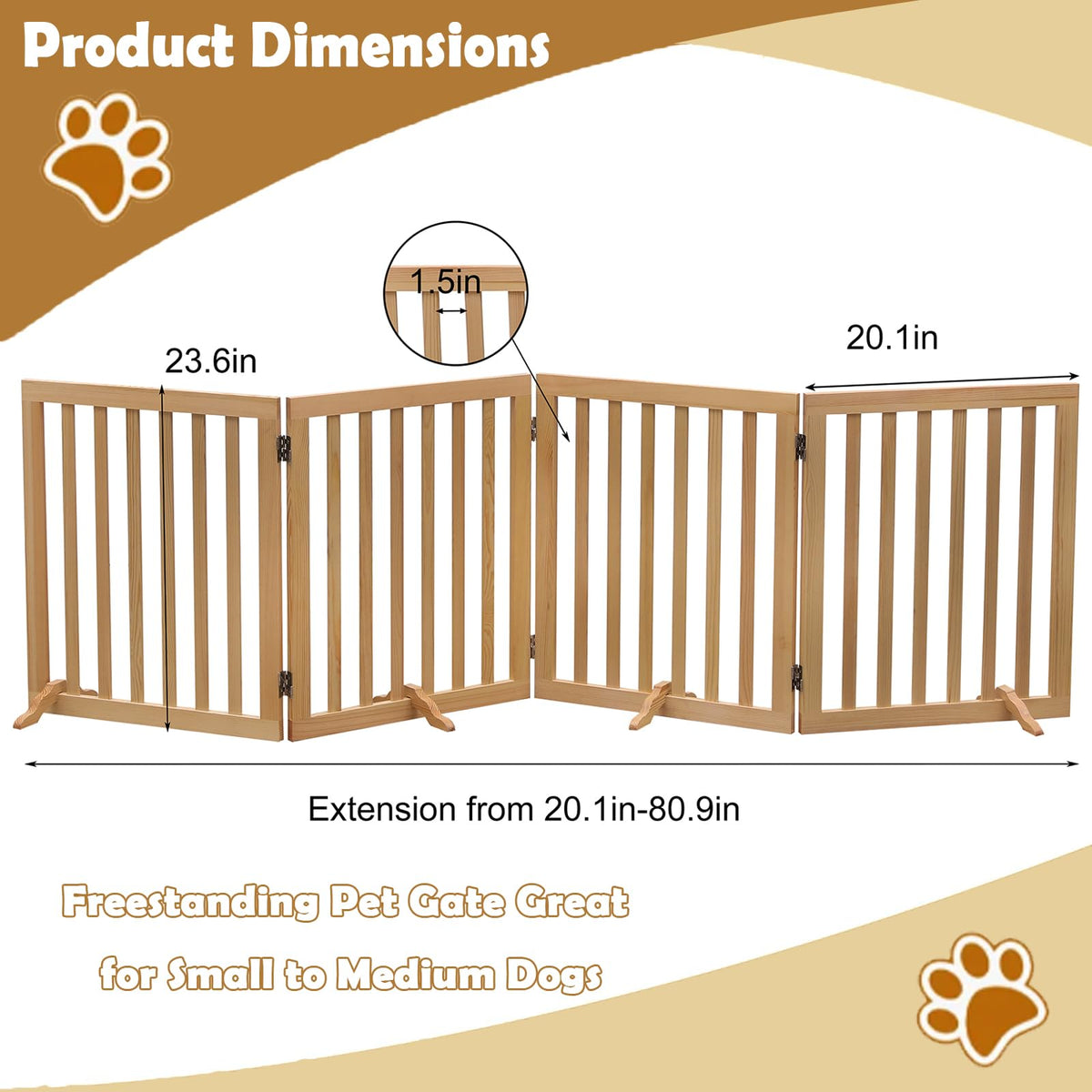 4-Panel Foldable Wooden Freestanding Dog Gate