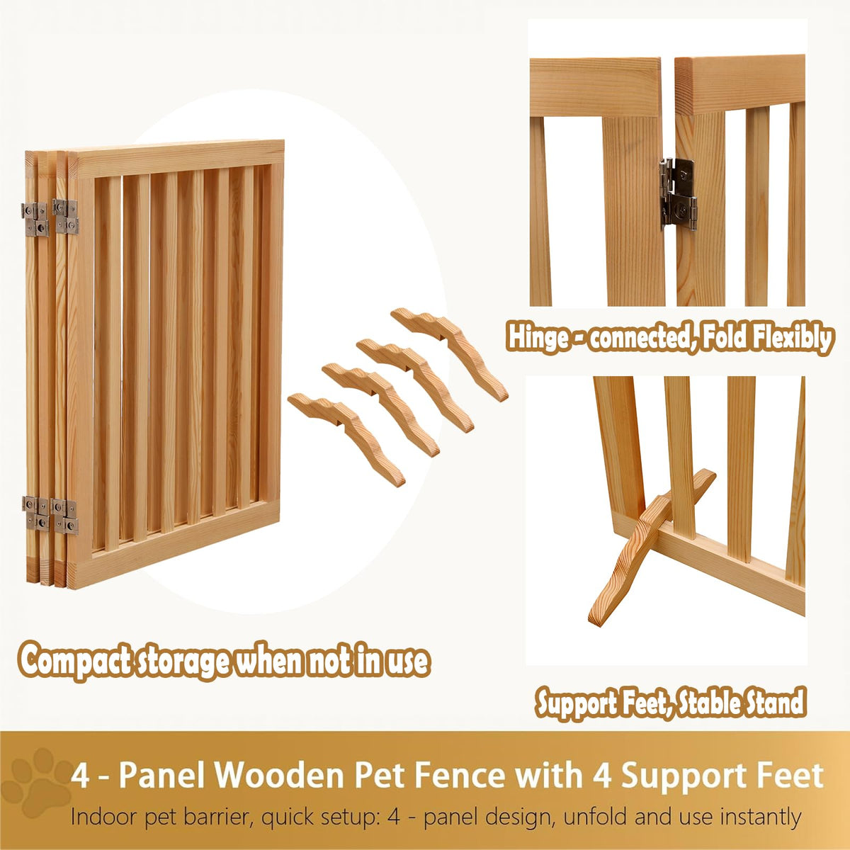4-Panel Foldable Wooden Freestanding Dog Gate