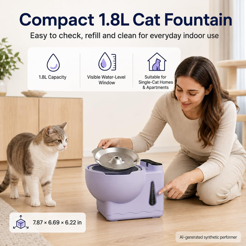 Hydrogen Cat Water Fountain, 1.8L Smart Sensor, Stainless Steel Bowl