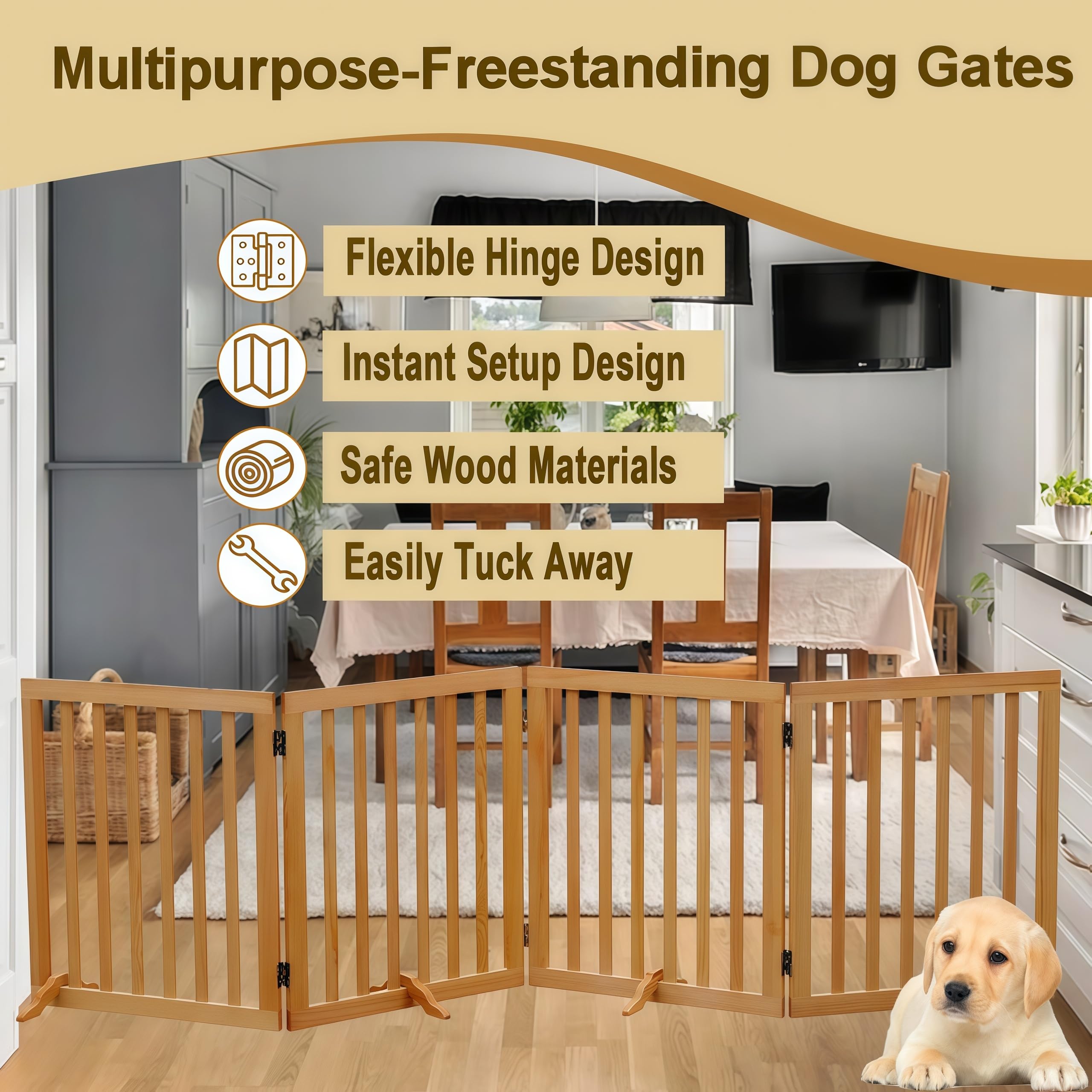 4-Panel Foldable Wooden Freestanding Dog Gate