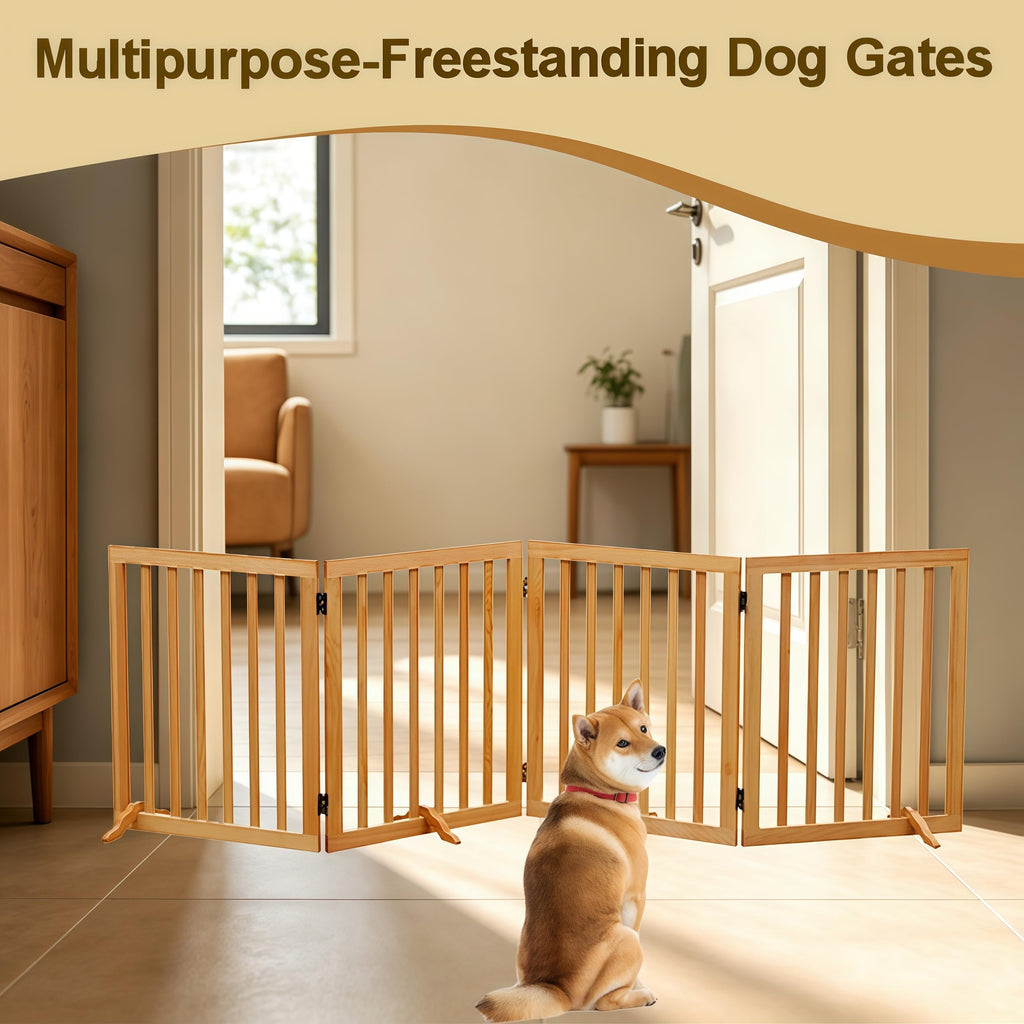 4-Panel Foldable Wooden Freestanding Dog Gate
