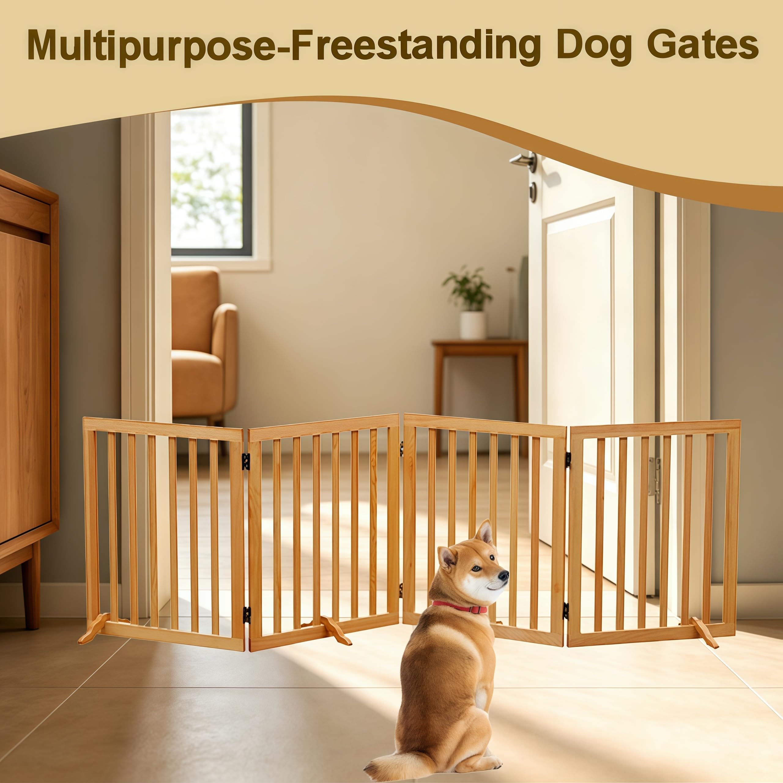 4-Panel Foldable Wooden Freestanding Dog Gate